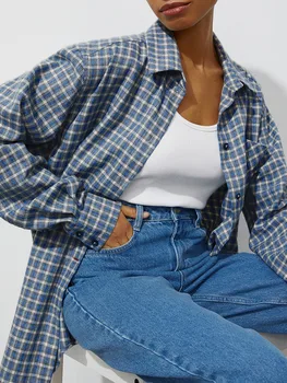 Kadın Uzun Kollu Ekose Gömlek Ekose Rahat Tasarım Vintage Gömlek Tüm Maç Streetwear Şık Kore Tarzı Üstleri Giysi Yeni