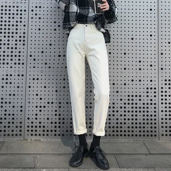 Kot kadın Yeni Kore Moda Gevşek Kırpılmış Pantolon İnce Yüksek Bel Retro Sokak Anne Fermuarlı Cebi Kadın Uzun Pantolon