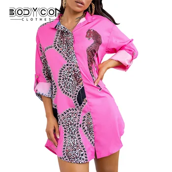 BODYCON Yaz Kadın Rahat Gevşek Günlük Giyim Uzun Kollu Pembe Üst Turn-aşağı Yaka Cheetah Zincir Baskı Colorblock Longline Gömlek