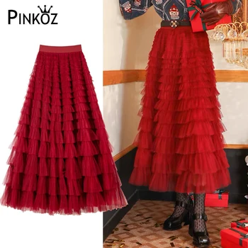 Pinkoz kadınlar vintage uzun etek kırmızı örgü basamaklı katmanlı midi etekler kadın ilkbahar sonbahar yüksek bel şık femme faldas y2k