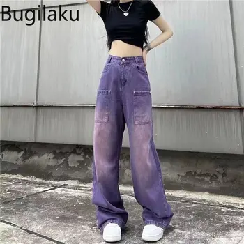 Bugilaku Streetwear Sıkıntılı Denim Kot Kadın Yüksek Bel Cepler Gevşek Düz rahat pantolon Kadın Moda Vintage Kapriler
