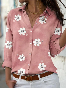 2023 Bahar Yaka Düğmesi Rahat Polyester Üstleri Moda Pembe çiçek Baskılı Bluz Uzun Kollu kadın gömlek