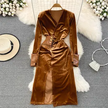 2023 İlkbahar Sonbahar Kore Kemer V Yaka Uzun Kollu Patchwork İnce Bölünmüş A-Line Altın Kadife Elbise Vintage Vestidos Z403