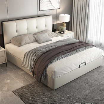 Minimalist lüks deri yatak ana yatak odası sığır derisi çift kişilik yatak 1.8 m modern basit yumuşak yatak düğün yatağı