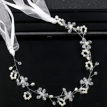 Gelinler için düğün kafa bandı beyaz inci el yapımı çiçek Headdress saç aksesuarları